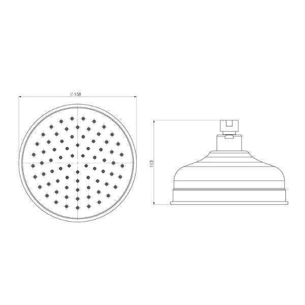 Phoenix Cromford shower rose in chrome, technical drawing showing front and side views with dimensions