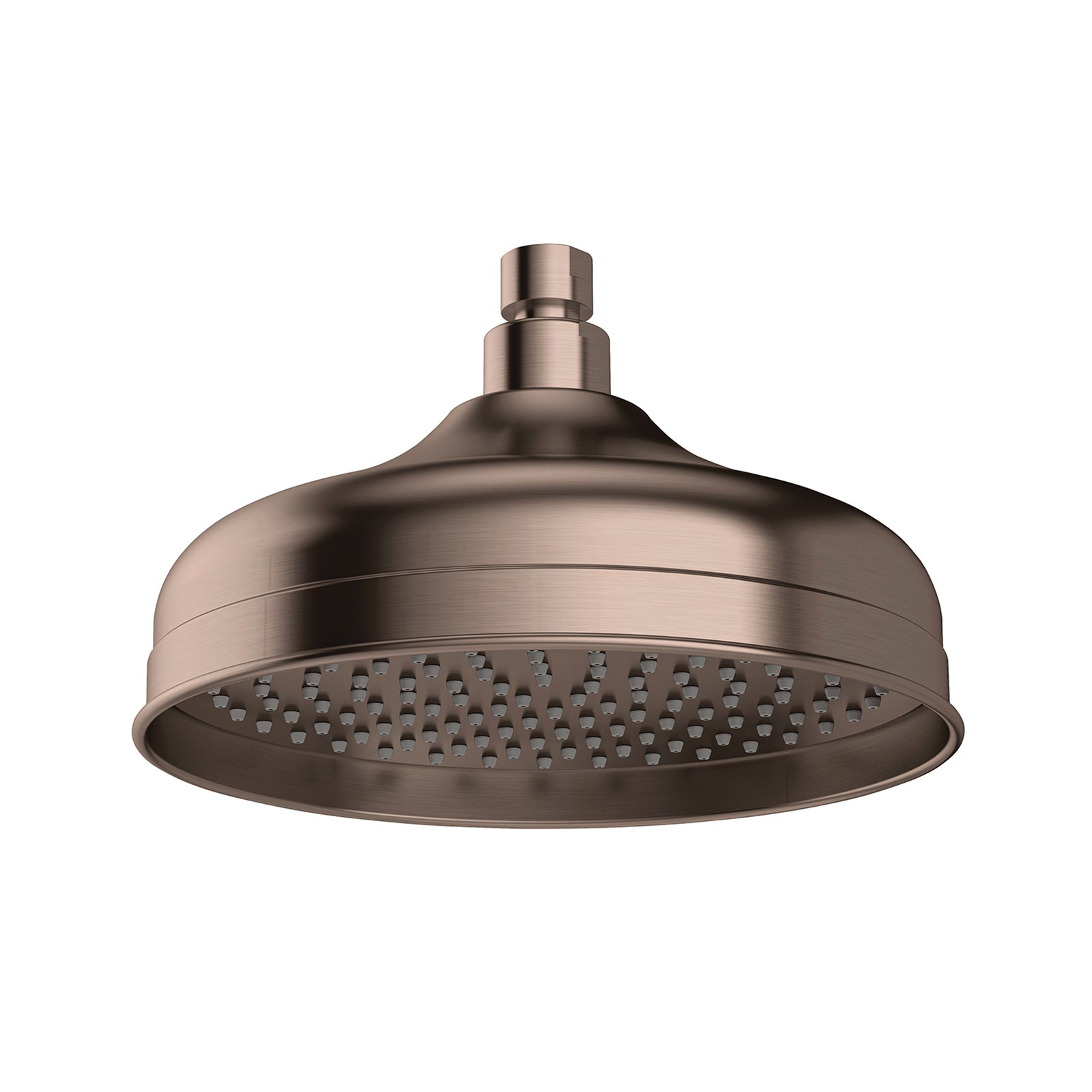 Phoenix Cromford 210mm shower rose in brushed bronze, round overhead shower head on white background
