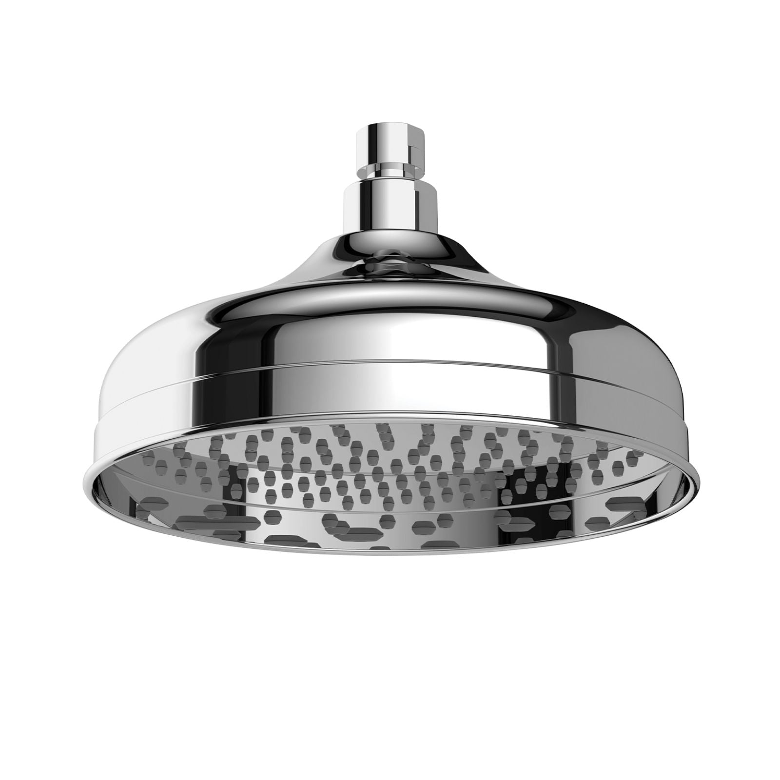 Phoenix Cromford 210mm chrome shower rose, round overhead shower head on white background