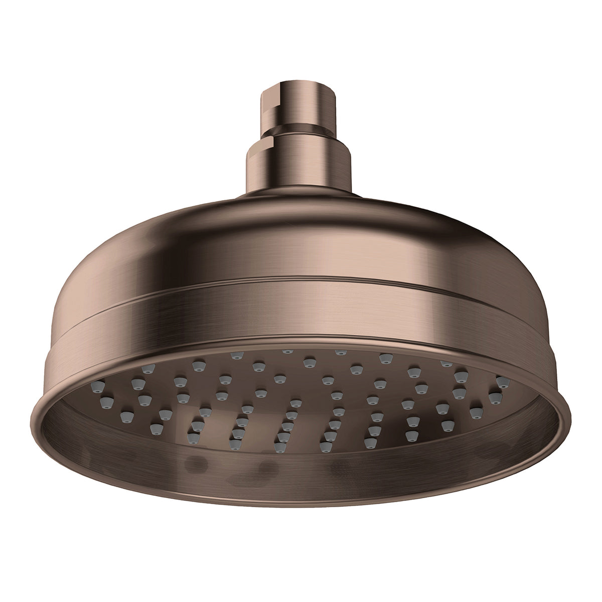 Phoenix Cromford round shower rose in brushed bronze, front view on white background