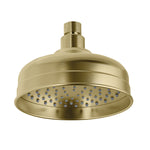 Phoenix Cromford round shower rose in brushed gold, front view with single spray nozzle and standard arm connection