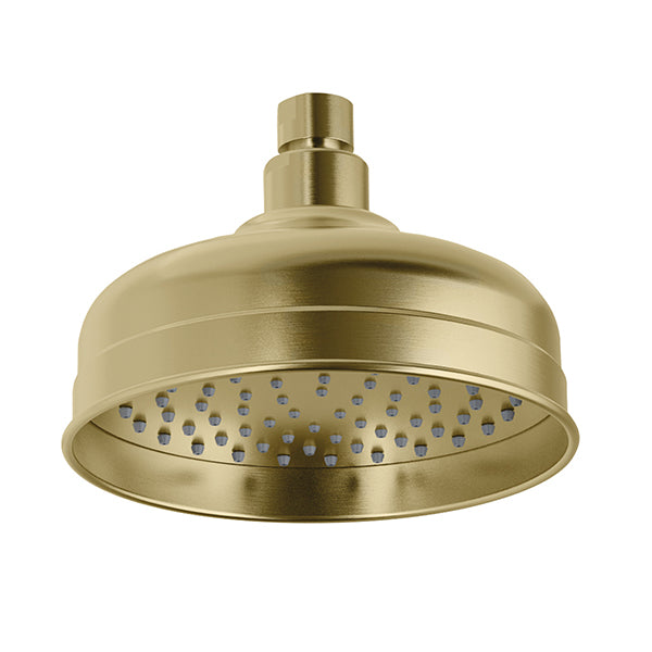 Phoenix Cromford round shower rose in brushed gold, front view with single spray nozzle and standard arm connection