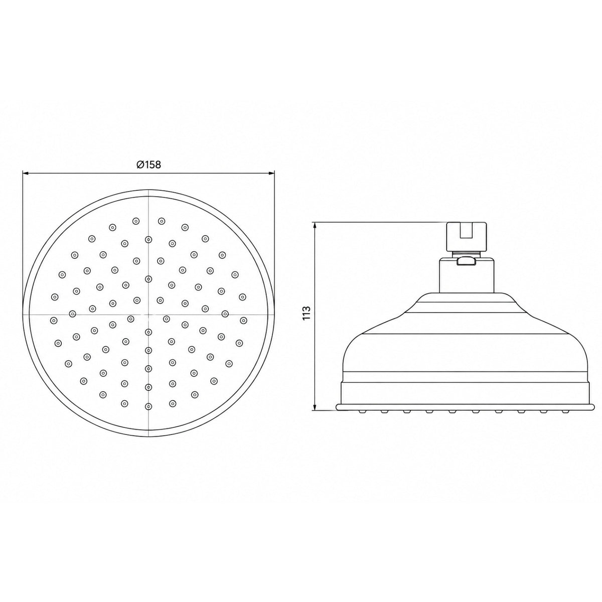 Phoenix Cromford shower rose technical drawing, round 158mm head and 113mm profile, brushed gold finish illustration