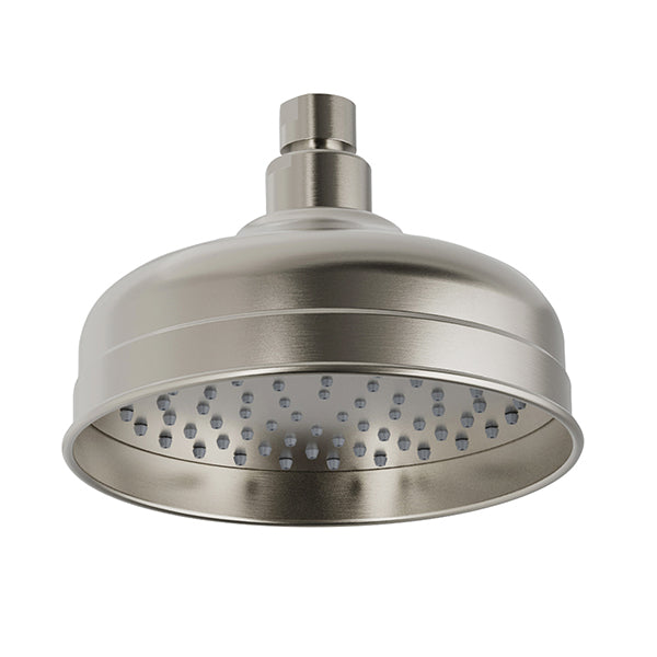Phoenix Cromford shower rose in brushed nickel, round shower head only, front view on white background