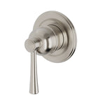 Phoenix Cromford wall shower mixer in brushed nickel, round wall plate with single lever handle in front view