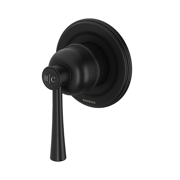 Phoenix Cromford wall shower mixer in matte black, single-handle round wall-mounted tapware