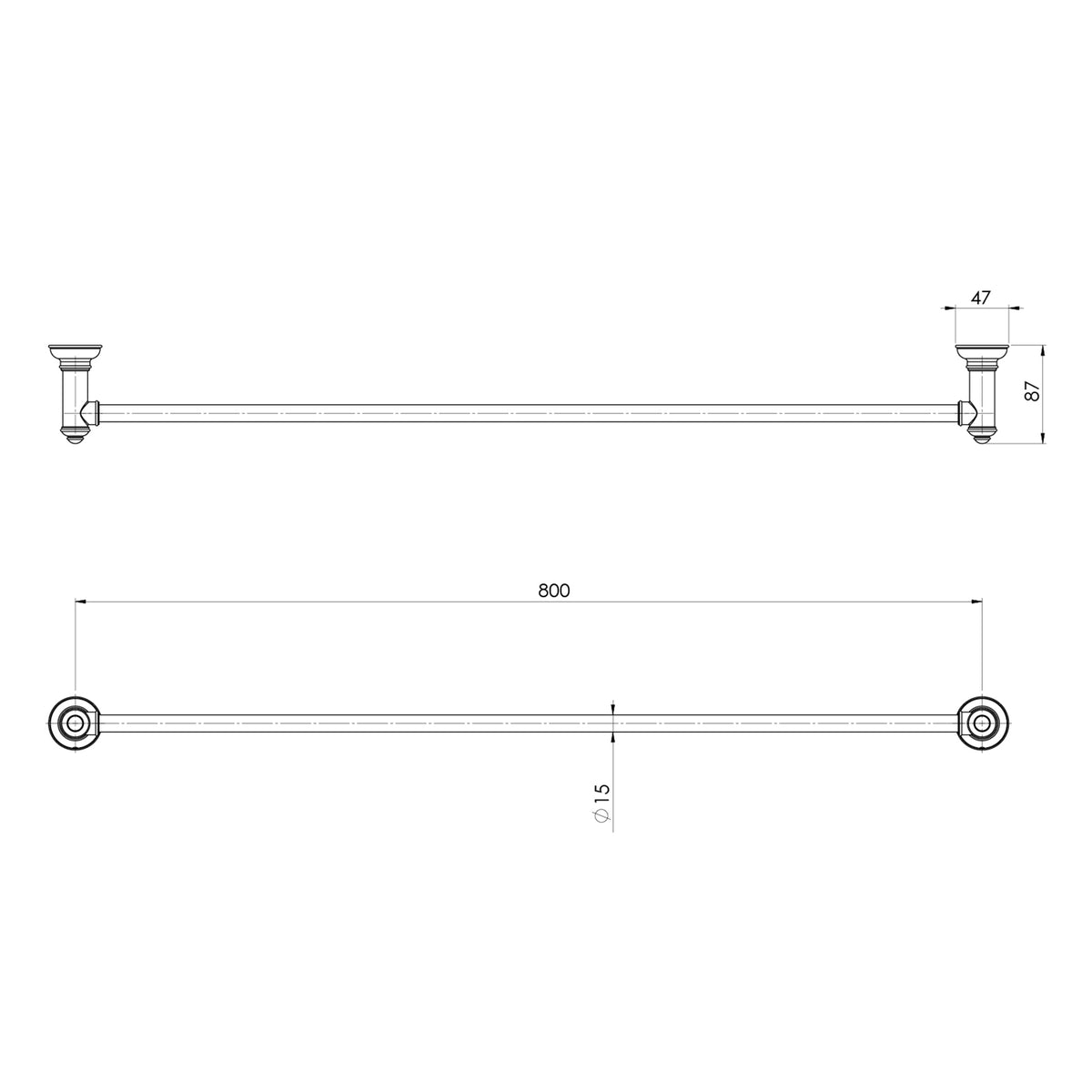 Phoenix Cromford single towel rail technical drawing, 800mm wide in brushed bronze finish