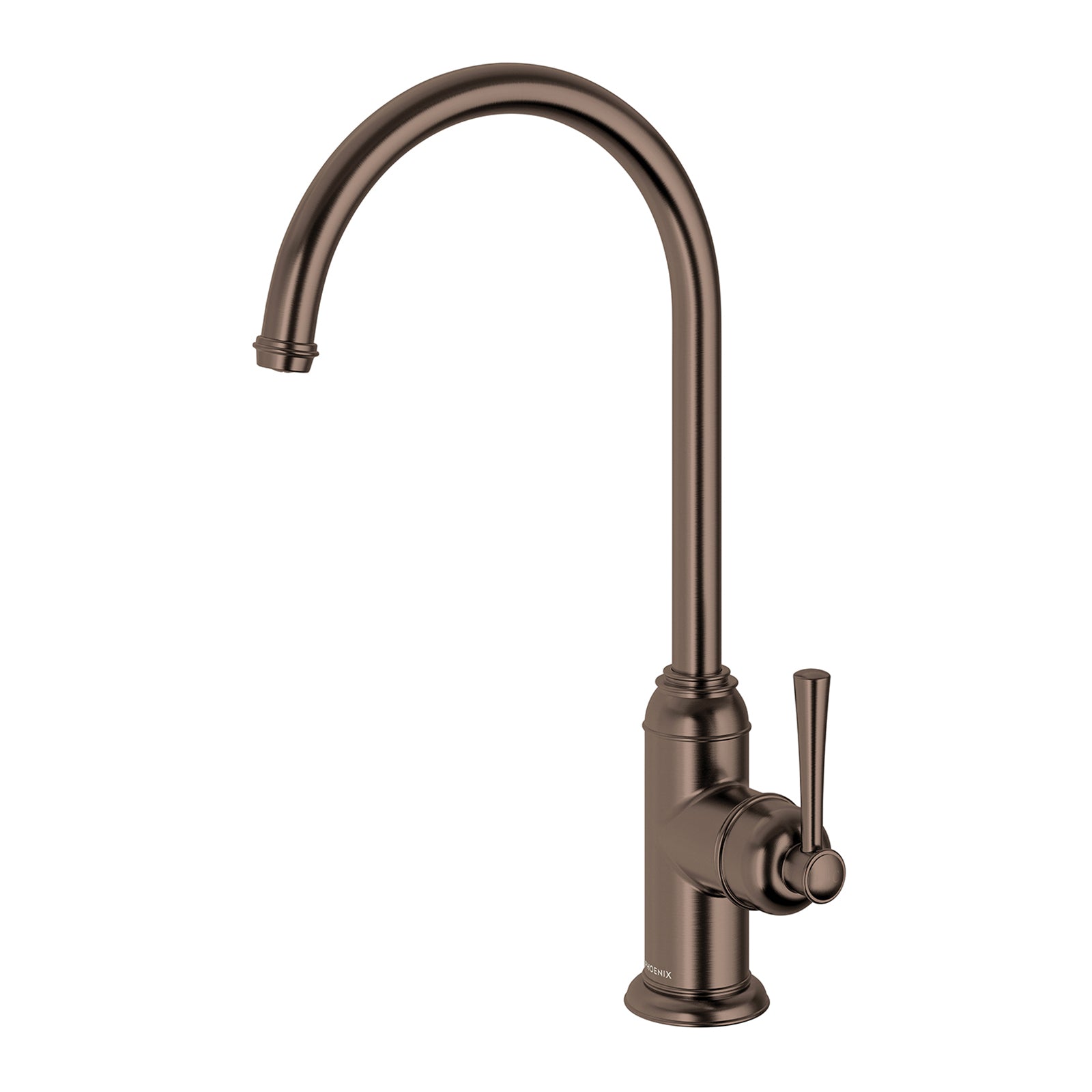Phoenix Cromford sink mixer in brushed bronze, tall curved gooseneck tap with lever handle on white background