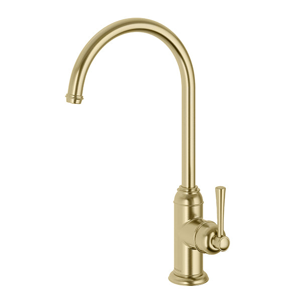 Phoenix Cromford side lever sink mixer in brushed gold, with high-arc swivel spout on white background