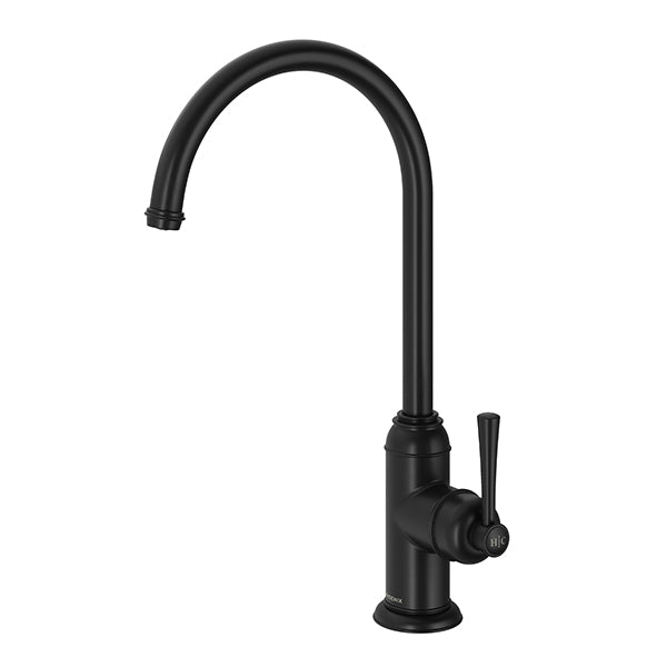 Phoenix Cromford side lever sink mixer in matte black, with arched swivel spout and single lever handle