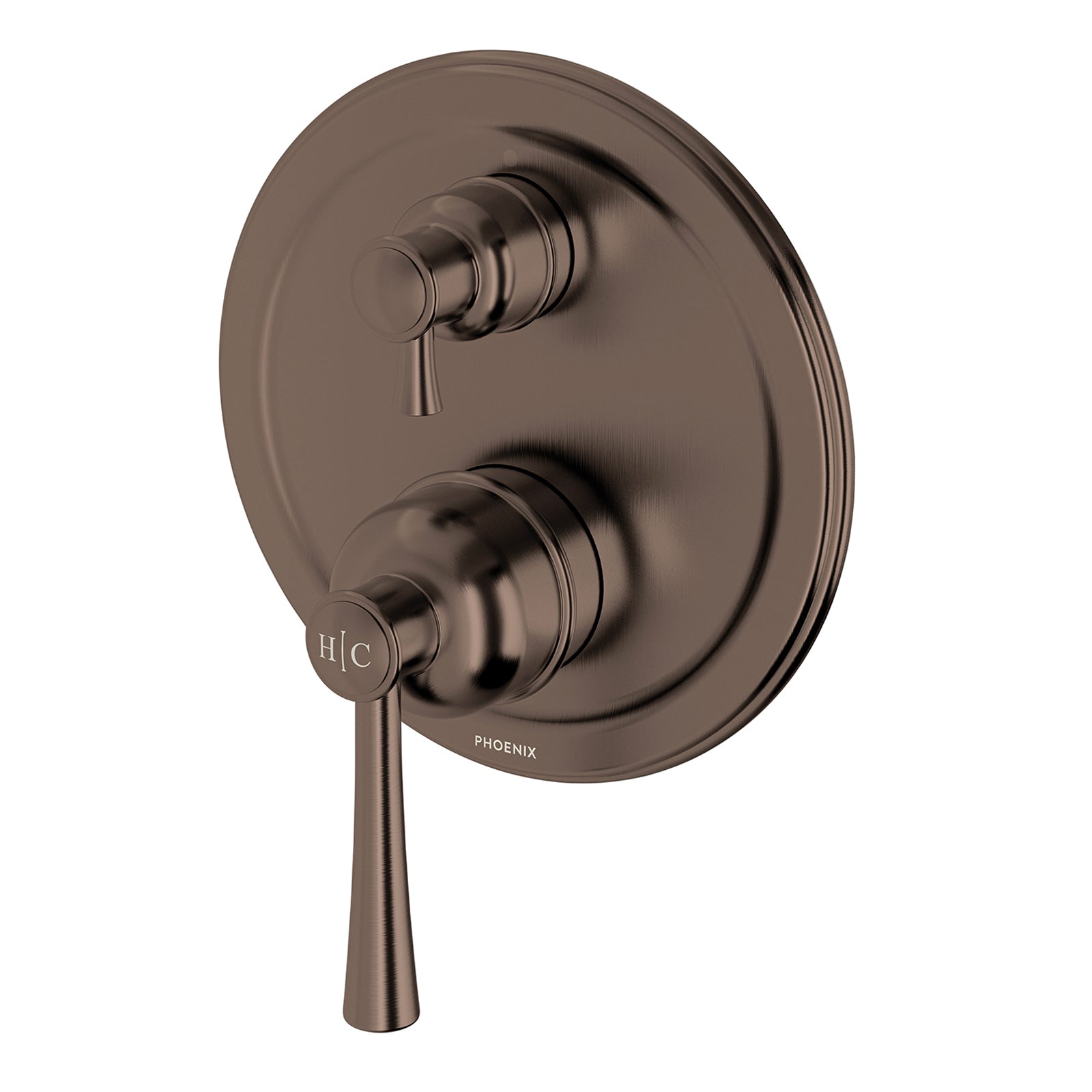 Phoenix Cromford wall-mounted shower/bath diverter mixer in brushed bronze, round plate with two handles and lever switch.