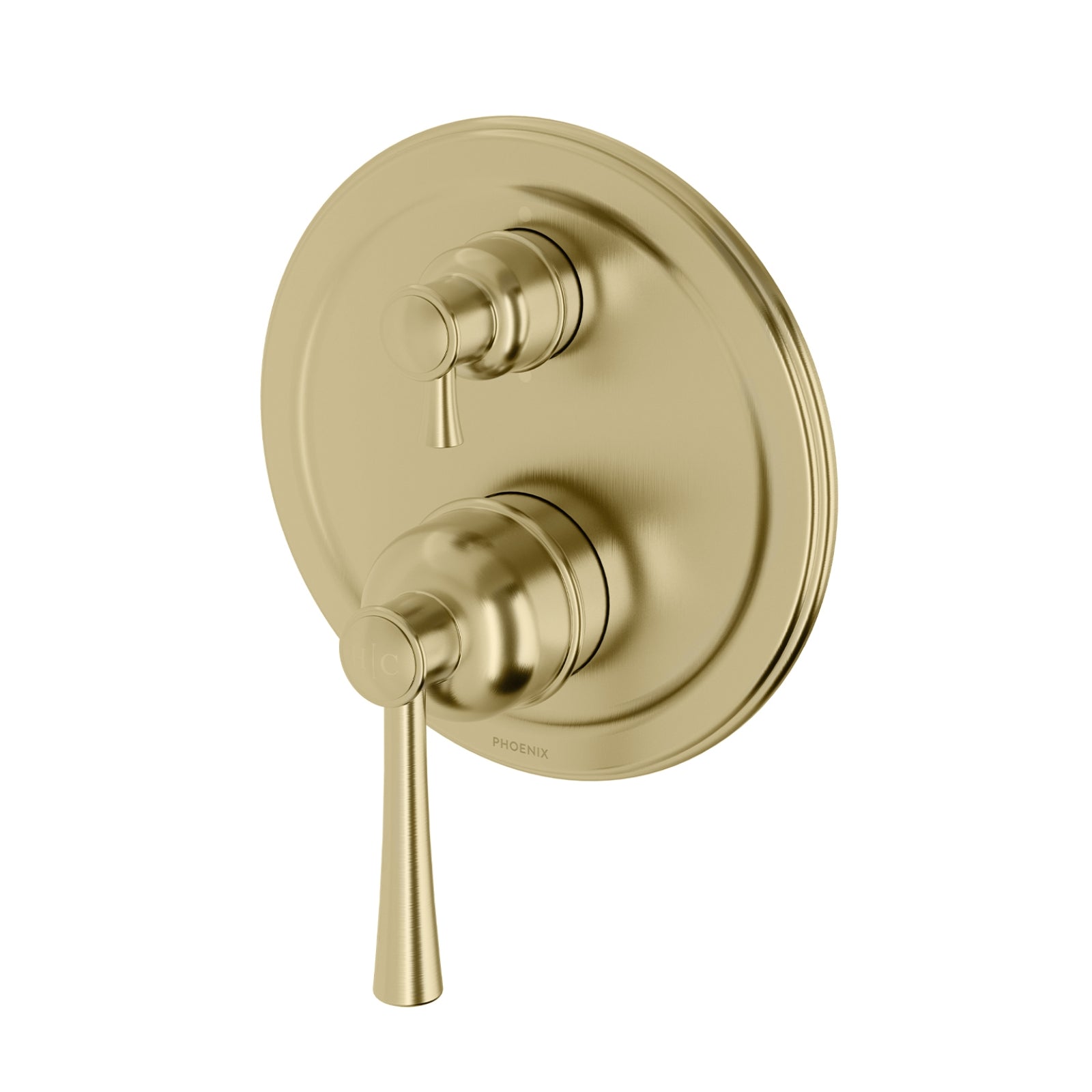 Phoenix Cromford wall-mounted shower bath diverter mixer in brushed gold, round plate with two handles, front view