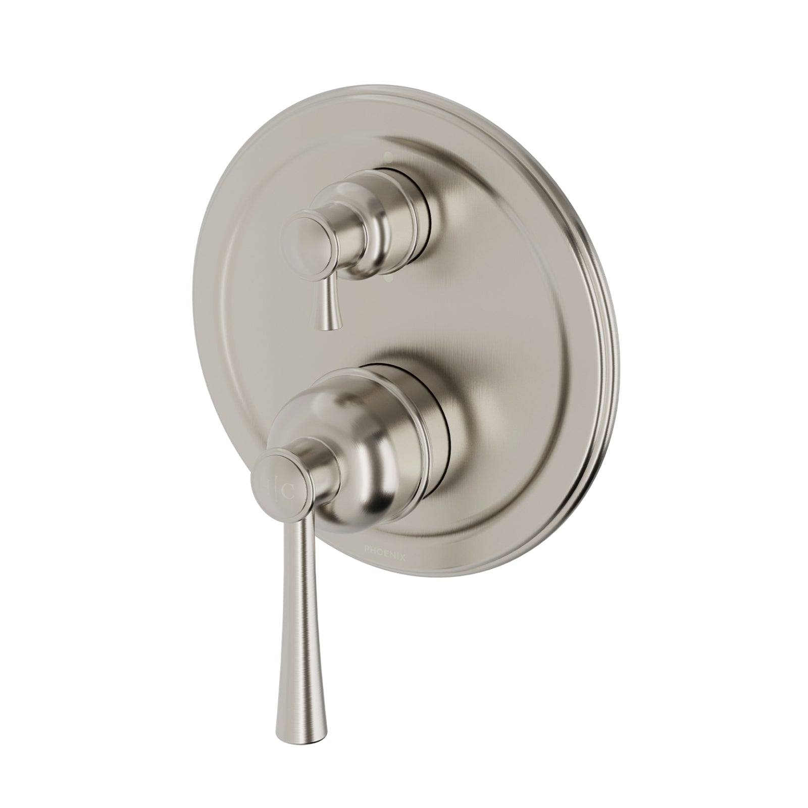 Phoenix Cromford SwitchMix wall mixer and diverter in brushed nickel, round wall plate, front view