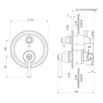 Phoenix Cromford SwitchMix shower bath diverter mixer technical drawing, front and side views with dimensions, brushed nickel finish