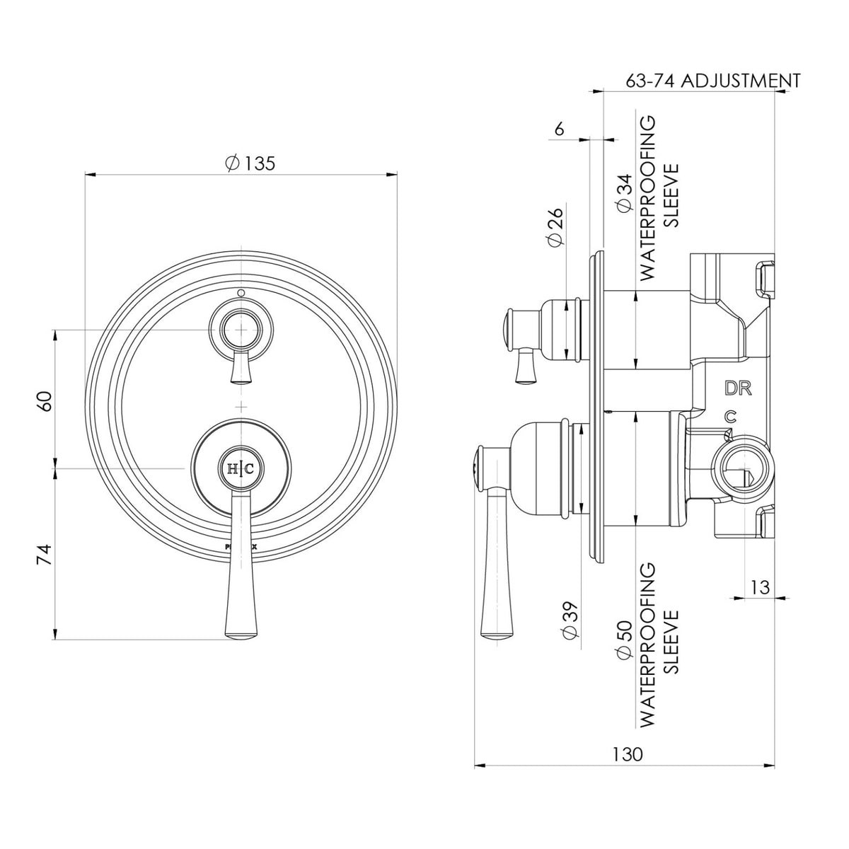 Phoenix Cromford SwitchMix shower bath diverter mixer technical drawing, front and side views with dimensions, brushed nickel finish