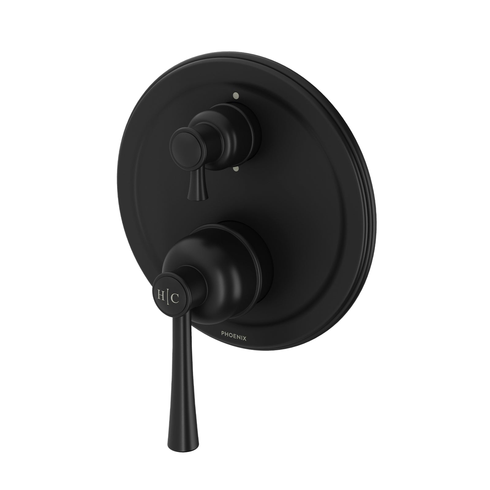 Phoenix Cromford matte black wall-mounted shower/bath diverter mixer with round faceplate and dual controls