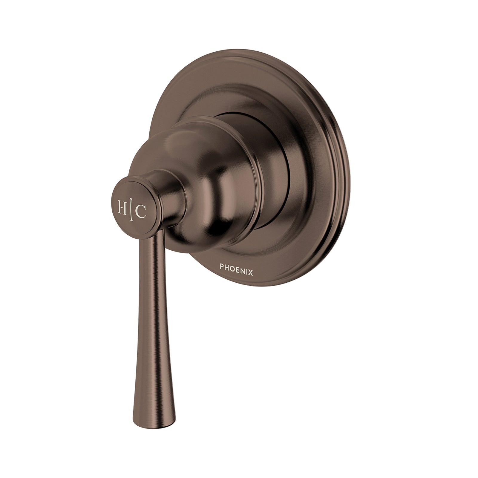 Phoenix Cromford wall mixer in brushed bronze with round trim and lever handle, front view on white background