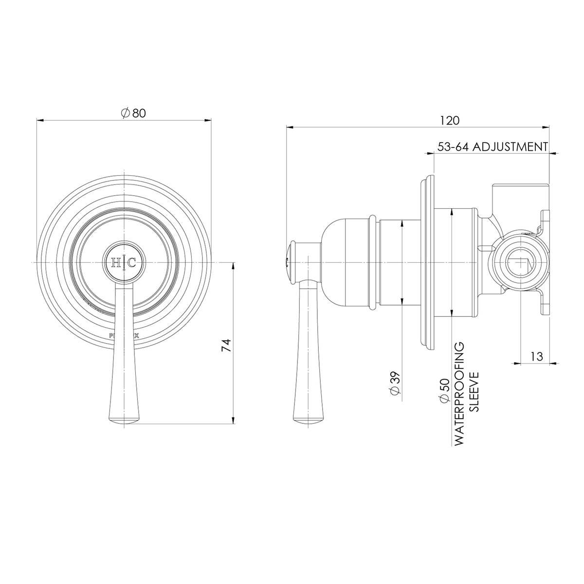 Phoenix Cromford SwitchMix shower wall mixer technical drawing, front and side views with dimensions, brushed bronze complete kit
