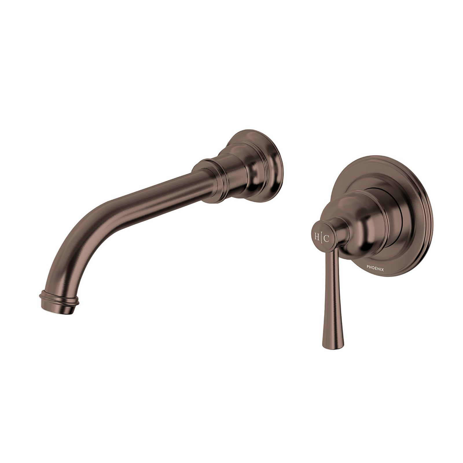 Phoenix Cromford wall basin/bath mixer set in brushed bronze, wall-mounted with curved spout and lever handle