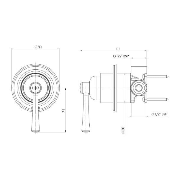 Phoenix Cromford matte black shower wall mixer technical drawing, front and side view with dimensions