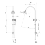 Phoenix Cromford twin shower technical drawing in brushed gold, showing overhead and hand shower with dimensions and adjustable rail