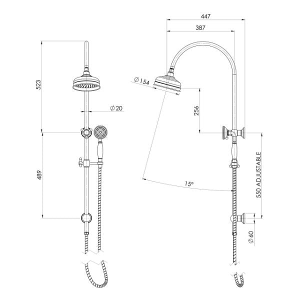 Phoenix Cromford twin shower technical drawing in brushed nickel, showing overhead and hand shower with dimensions