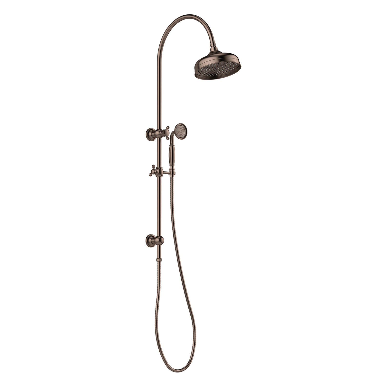 Phoenix Cromford twin shower in brushed bronze, with overhead rose and hand shower on wall rail