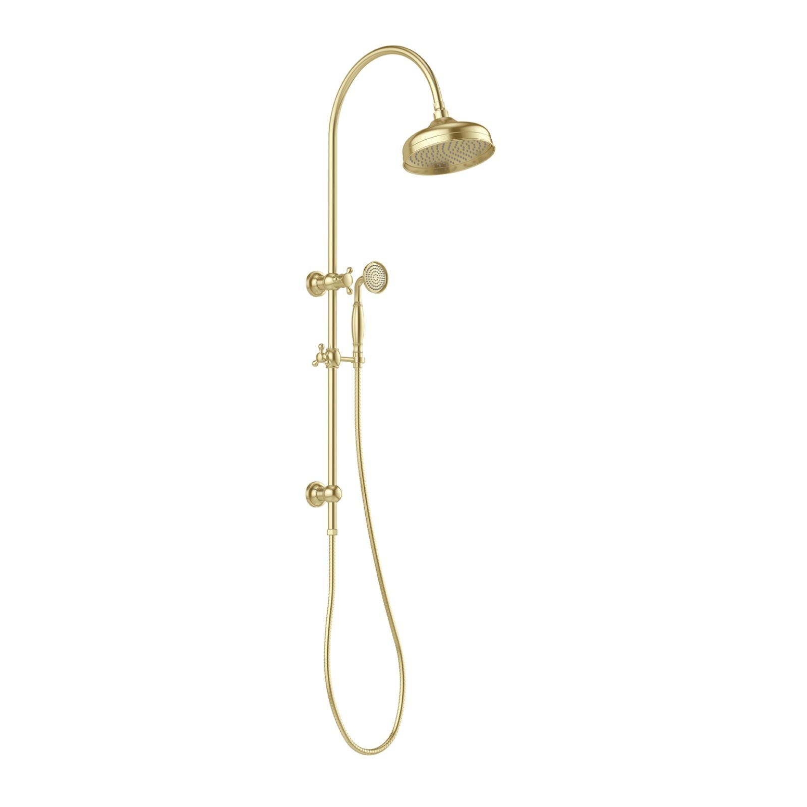 Phoenix Cromford twin shower in brushed gold, with overhead rose and handheld on wall-mounted rail