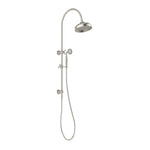 Phoenix Cromford twin shower in brushed nickel, with overhead rose, handpiece and wall-mounted rail on white background