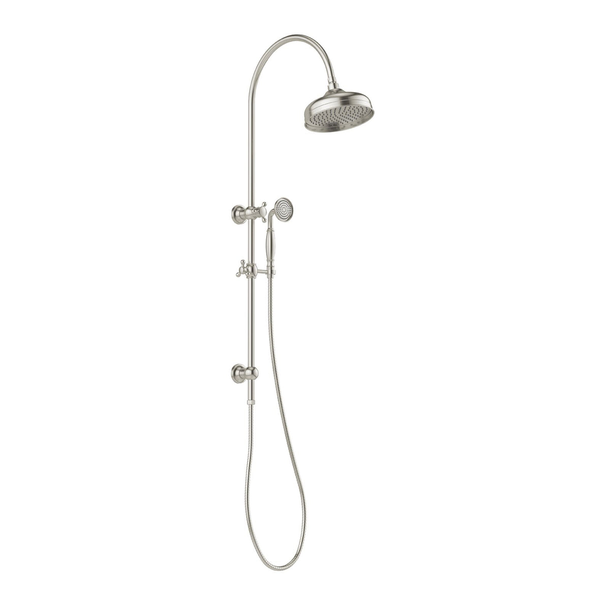 Phoenix Cromford twin shower in brushed nickel, with overhead rose, handpiece and wall-mounted rail on white background