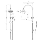 Technical drawing of Phoenix Cromford twin shower in brushed nickel, showing overhead rose, handpiece, hose and dimensions