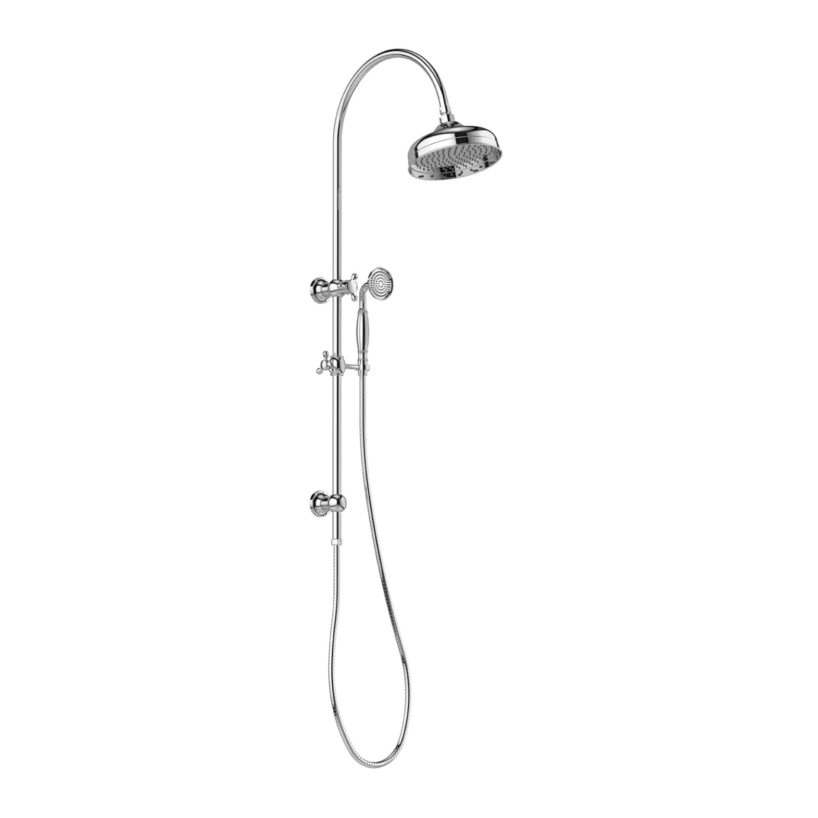 Phoenix Cromford twin shower in chrome with overhead rose and handpiece, wall mounted on rail strip