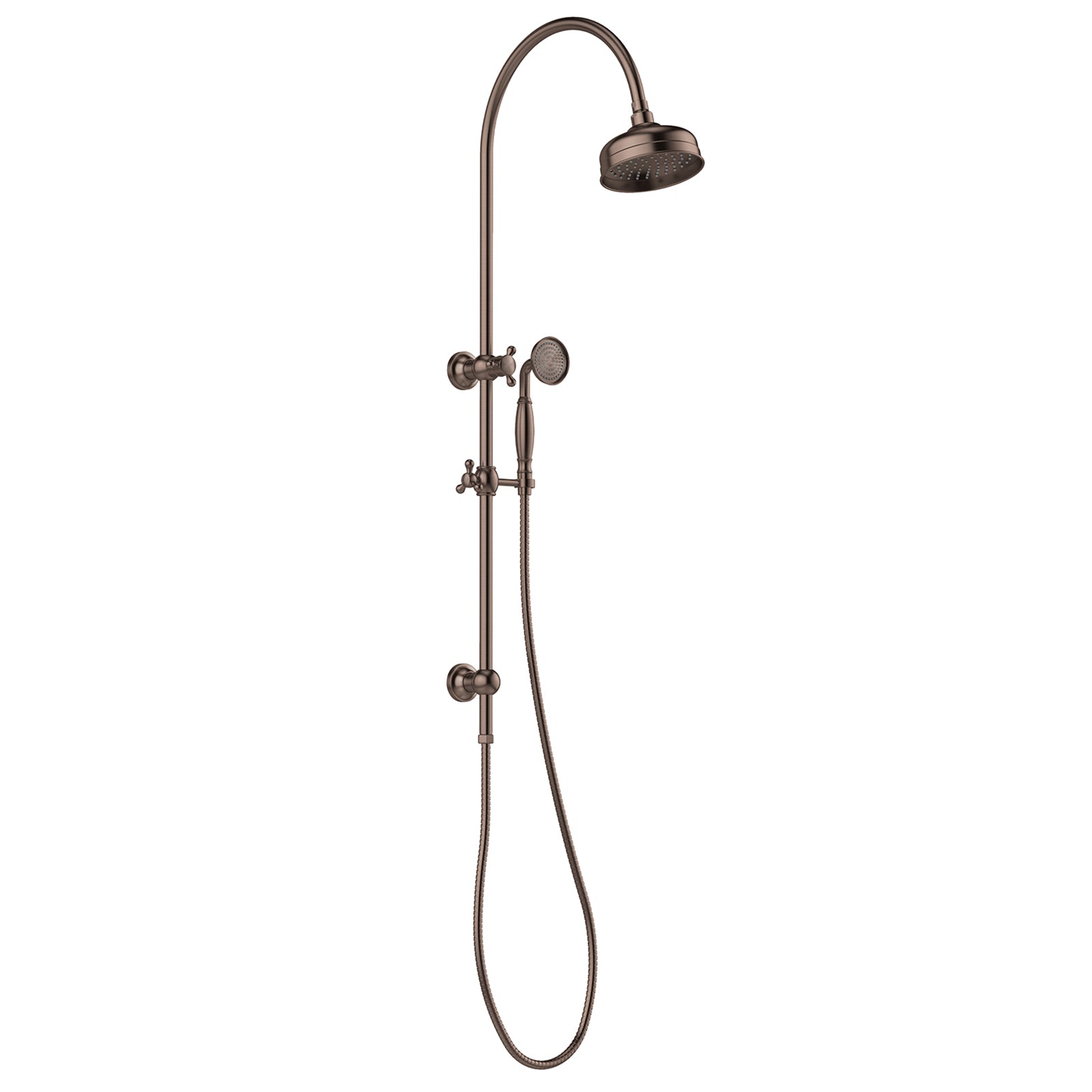 Phoenix Cromford twin shower in brushed bronze, with overhead rose and hand shower on wall-mounted rail