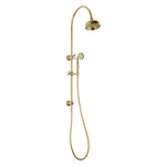 Phoenix Cromford twin shower in brushed gold, with overhead shower and handpiece on a rail