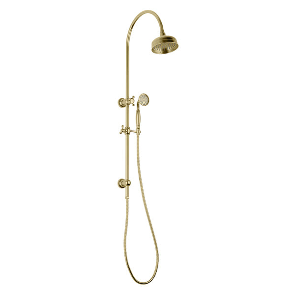 Phoenix Cromford twin shower in brushed gold, with overhead shower and handpiece on a rail
