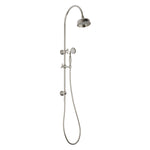 Phoenix Cromford twin shower rail in brushed nickel, with overhead rain shower and handheld showerhead on curved rail.