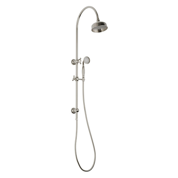 Phoenix Cromford twin shower rail in brushed nickel, with overhead rain shower and handheld showerhead on curved rail.