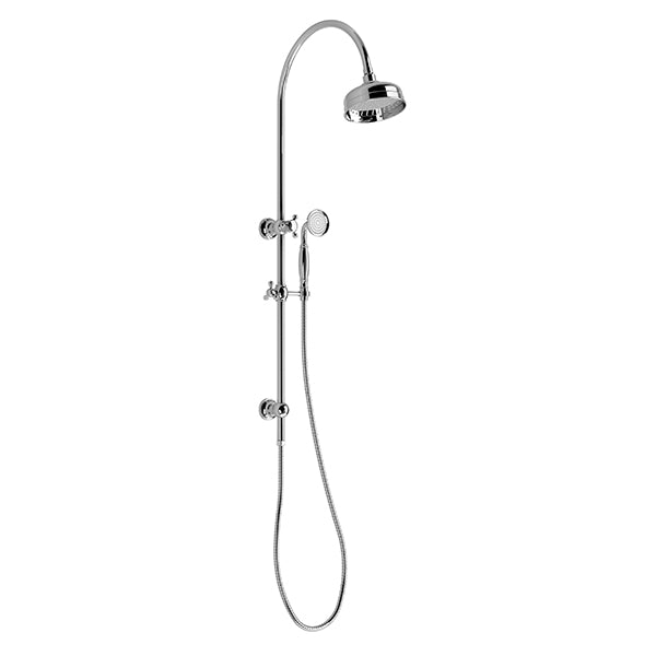 Phoenix Cromford chrome twin rail shower with overhead shower and handpiece on vertical rail
