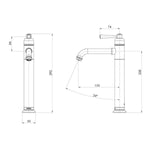 Phoenix Cromford vessel mixer in matte black, technical drawing with front and side views and dimensions showing tall basin tap.