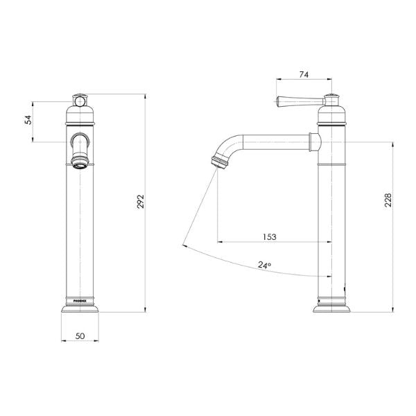 Phoenix Cromford vessel mixer in matte black, technical drawing with front and side views and dimensions showing tall basin tap.