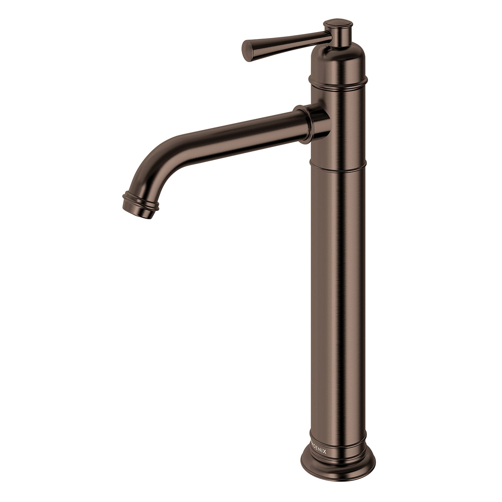Phoenix Cromford vessel mixer tap in brushed bronze, tall hob-mounted basin mixer with curved spout, side view