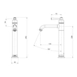 Phoenix Cromford vessel mixer technical drawing in brushed bronze, showing front and side views with dimensions