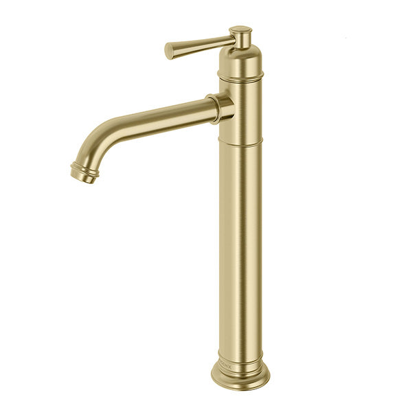 Phoenix Cromford vessel mixer in brushed gold, tall vessel basin tap with curved spout and lever handle