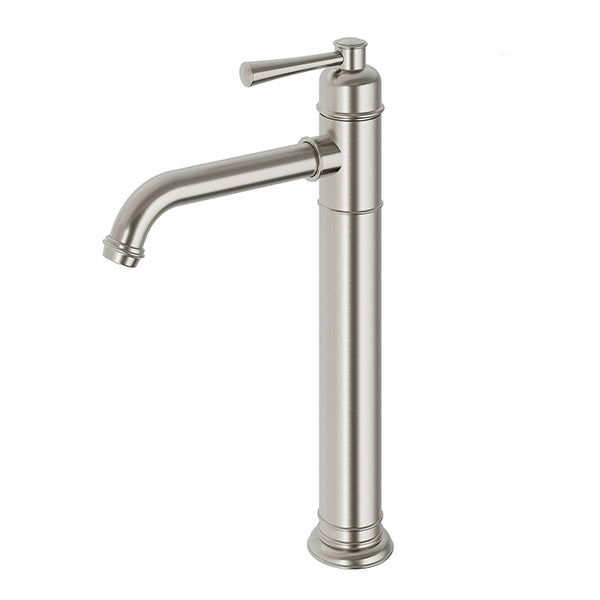 Phoenix Cromford vessel mixer tap in brushed nickel, with tall cylindrical body and curved spout on white background
