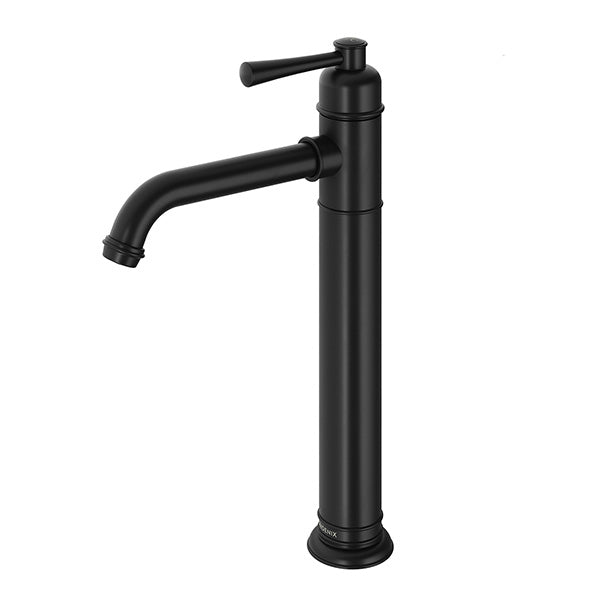 Phoenix Cromford vessel mixer tap in matte black with tall cylindrical body and curved spout, front view