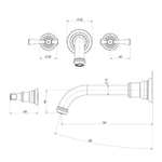 Phoenix Cromford chrome basin/bath wall set technical drawing with taps and 181mm spout dimensions