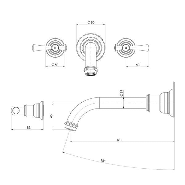 Phoenix Cromford matte black 3 piece basin/bath wall set technical drawing with tap handles and 181mm spout reach lateral view