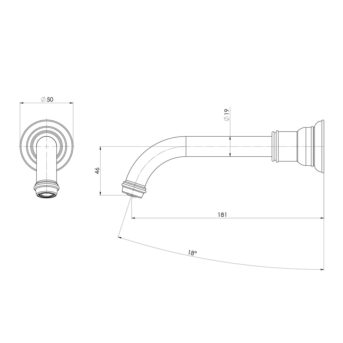 Technical drawing of Phoenix Cromford wall basin/bath outlet, showing brushed bronze wall-mounted spout dimensions and side view