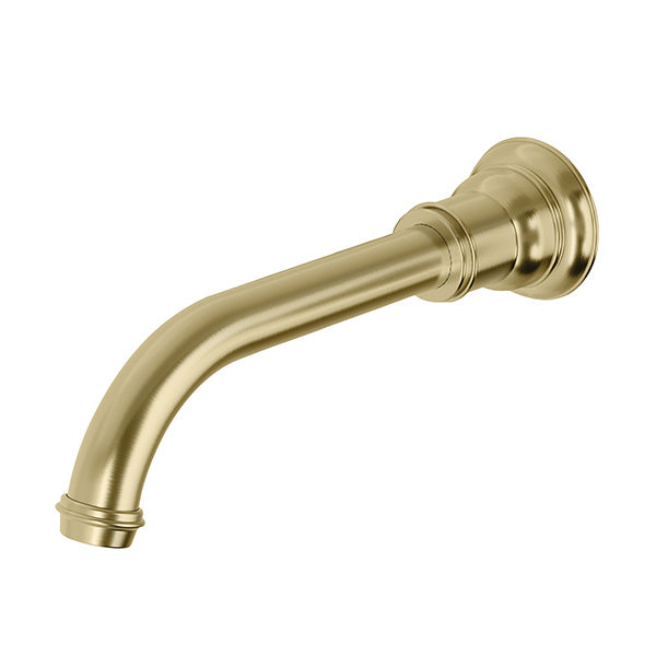 Phoenix Cromford wall basin/bath outlet spout in brushed gold, angled wall-mounted tapware on white background