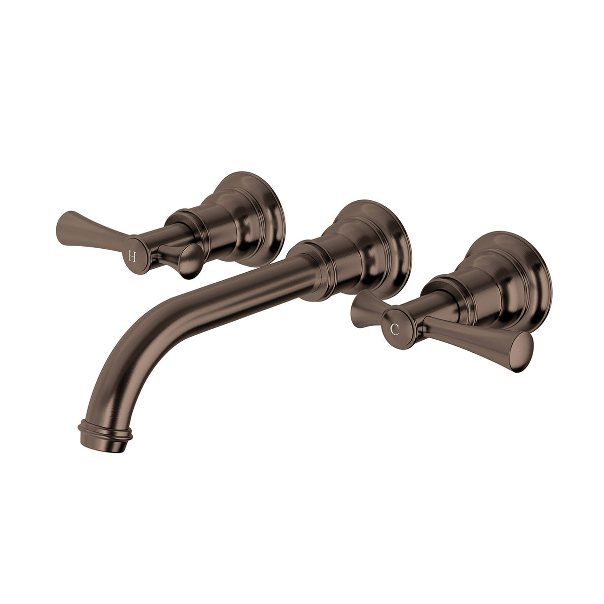 Phoenix Cromford 3 piece wall basin/bath tap set in brushed bronze, with spout and twin lever handles
